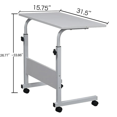 Adjustable standing computer desk dimensions 15.75" x 31.5", white chipboard top and steel legs, features rolling wheels.