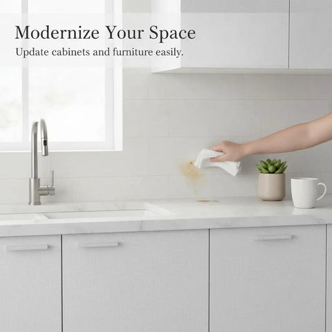 Self Adhesive Wallpaper Roll Subtle Gray Linen Texture Waterproof Vinyl Peel and Stick Film used on kitchen cabinets.
