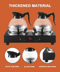 Heavy Duty Commercial Coffee Maker With Double Hot Plate Pot Warmer, features two clear pots on a stainless steel base.