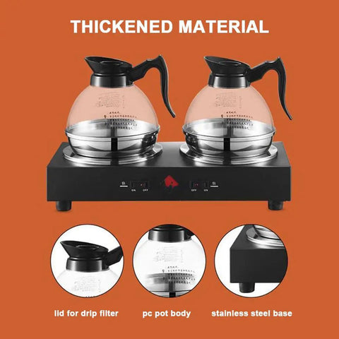 Heavy Duty Commercial Coffee Maker With Double Hot Plate Pot Warmer, features two clear pots on a stainless steel base.