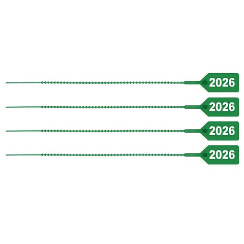 Bulletproof 2026 Year Dated Fire Extinguisher Tamper Seals Green Pull Tight Security Wire Ties pack of 4 with 2026 tags.