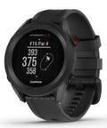 Black GPS Golf Watch With Over Forty Two Thousand Preloaded Courses Ultra Clear Sunlight Readable Display showing hole yardage