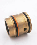 Brass hydraulic cartridge for waterjet cutter, No. 05130091, with orange and black O-rings, side view