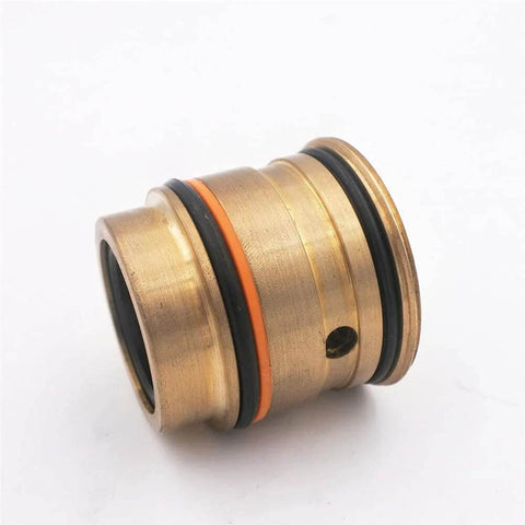 Brass hydraulic cartridge for waterjet cutter, No. 05130091, with orange and black O-rings, side view