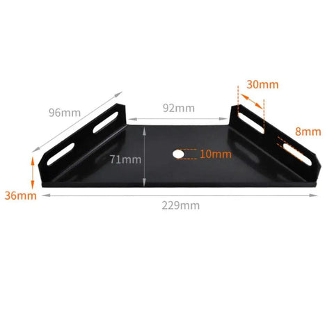 Built Tough Corner Brace Set 2 Pack Heavy Duty Bed Frame Brackets For Strong Joints And Frame Support Metal Gusset Plates With Trapezoid Flange Angles Black 230x92x71mm, dimensions shown.