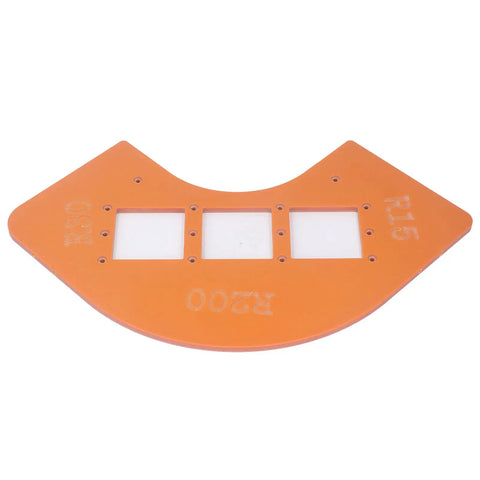Top Shelf Router Template Kit For Dead Simple Cabinet Corner Cutting And Exact Switch Hole Marking Includes R15 R30 R100 R200 Radius Guides in orange.