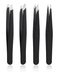 4 Piece Stainless Steel Tweezers Set Black Finish For Precision Grooming And Brow Game, anti rust slanted tip tweezers