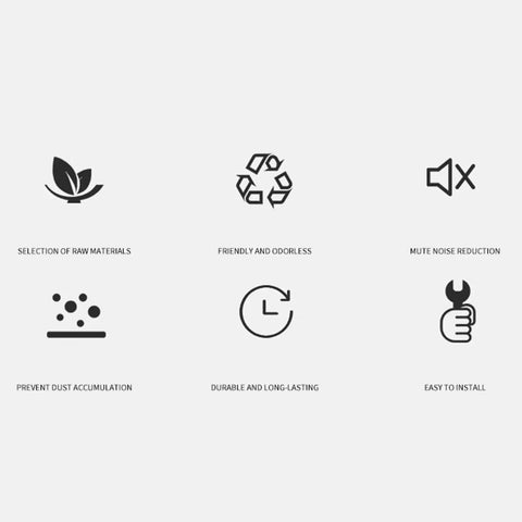 Icons showing features like raw materials selection, odorless, noise reduction, dust prevention, durability, easy installation