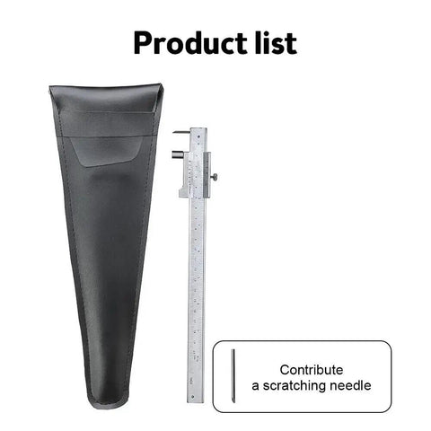 Rock Solid Eight Inch Stainless Scribe Calipers With Replaceable Carbide Tip And Utility Pouch on display with a scratching needle.