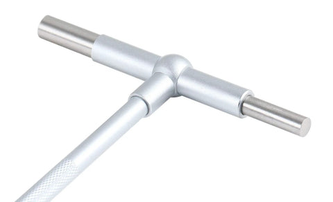 Close-up of satin-chrome telescoping gage cross with three rods, 5/16–6 in, 6-piece set