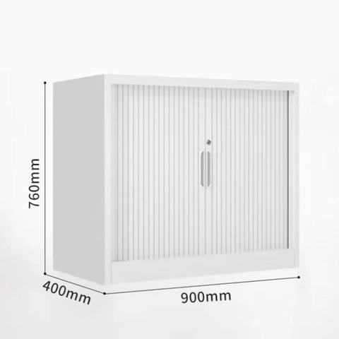 Sliding Door Metal Filing Cabinet With Key Lock, Four Shelves shown closed, dimensions 760mm by 400mm by 900mm