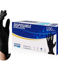 Heavy Duty Black Nitrile Gloves 100 Count Medium Disposable Latex And Powder Free Thick Ribbed Cuffs For Kitchen Cooking Cleaning And Industrial Tasks Built Tough And Ready For The Daily Grind in packaging with black glove shown.