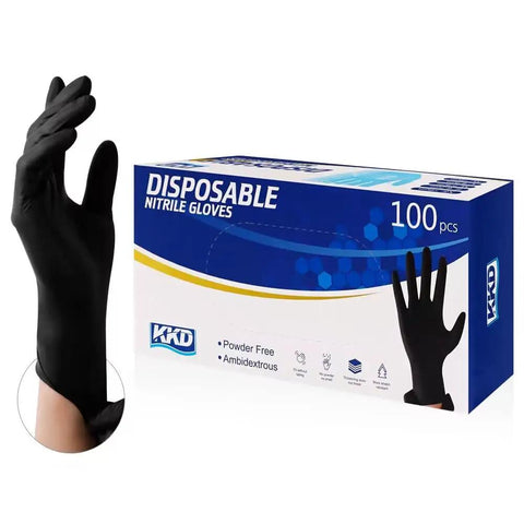 Heavy Duty Black Nitrile Gloves 100 Count Medium Disposable Latex And Powder Free Thick Ribbed Cuffs For Kitchen Cooking Cleaning And Industrial Tasks Built Tough And Ready For The Daily Grind in packaging with black glove shown.