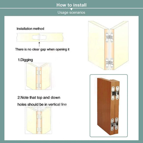 Installation guide for Zinc Alloy Hidden Hinge For Folding Doors, Concealed Cross Hidden Hinge Set; instructions and diagram shown.