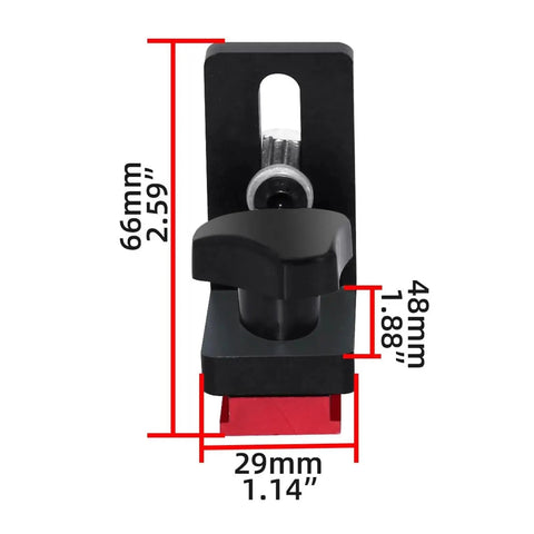 Solid Aluminum Miter Track Stop For Workbenches Featuring A Swift T Slot Flip Lever and a Slick Sliding Fence Limiter with dimensions.
