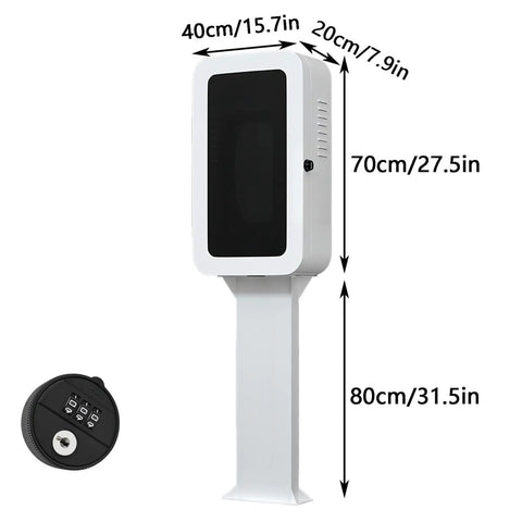 Built Like A Tank Wall Mount Charger Cover With Secure Lock And Cord Organizer For Outdoor Charging Station Box Waterproof Weather Resistant Housing In Classic Black Finish, displayed with dimensions.