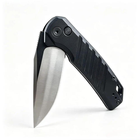 No Hassle Button Lock Pocket Knife Carrying A Razor Sharp Two Tone D2 Steel Blade And Milled Aluminum Handle With A Sturdy Reversible Clip Built For Heavy Duty Everyday Carry And Trail Ready Outdoor Adventures side view of the knife with silver blade and black handle.
