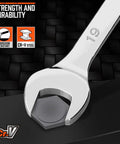 Close-up of 19mm wrench from Rock Solid 12 Piece Metric Wrench Set With Compact Storage Holder Crafted From Tough Chrome Vanadium Steel.