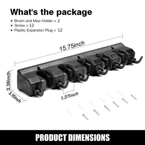 Dimensions of 2 Pack Wall Mounted Mop And Broom Holder Organizer With Five Ball Slots And Six Hooks For Cleaning Tools, Black