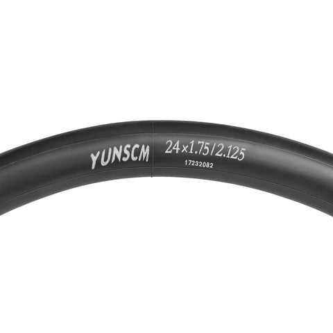 Close-up view of a 24x1.75 2.125 inch bike inner tube, part of the Two Pack 24 Inch Bike Inner Tubes 24x1.75 To 24x2.125 With 32mm Schrader Valve Durable Butyl Rubber For 24 Inch Tires Compatible With 24x1.75 24x1.9 24x1.95 24x2.0 24x2.1 24x2.125