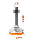 Built Tough Adjustable Leveling Feet M16 M12 Threaded Leg Levelers 150mm height, 80mm base, heavy duty carbon steel for stability.