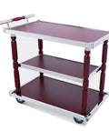 Heavy Duty Industrial Kitchen Bar Cart With Built In Wine Rack And Three Tier Storage Shelves On Smooth Rolling Casters Vintage Wood Steel Serving Trolley Game Day Ready Patio Go To, side view, cherry wood finish.