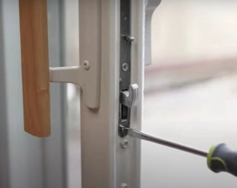 Multi-Point Mortise Lock With Face Plate For Sliding Patio Glass Doors 11-3/4 Inches being installed on door frame.