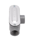 Heavy Duty T Type Conduit Body Three Quarter Inch Die Cast Aluminum Threaded Electrical Fitting with removable cover and threaded port.