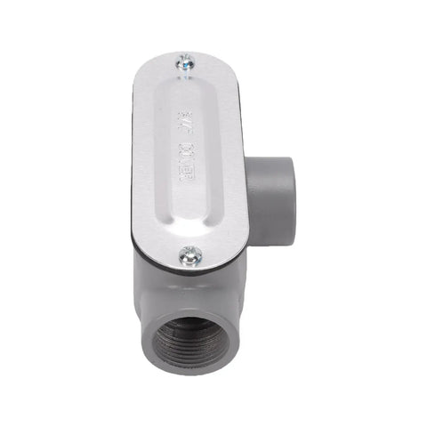 Heavy Duty Top Shelf Three Quarter Inch T Type Conduit Body And Four Pack Die Cast Aluminum Junction Box with grey finish.