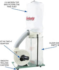 Heavy Duty 2 HP Dust Collector With Balanced Cast Aluminum Impeller And Dual Four Inch Inlets For Workshops shown with clear bag and Y adapter.