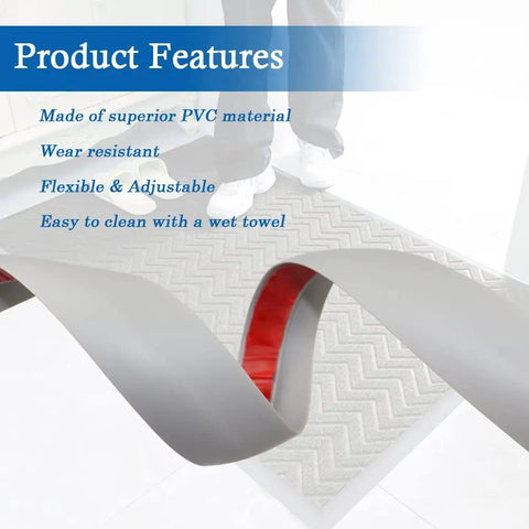 Self Adhesive Carpet And Floor Transition Strip For Home Reno, PVC Threshold Edging Trim, Gray, shown with product features text.