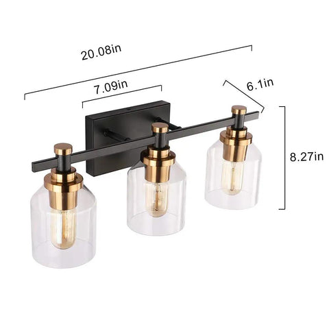 Three Light Industrial Bathroom Vanity Sconce With Black Gold Finish Matte Black Brushed Gold Copper Accent Socket Clear Glass Shade