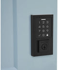 Contemporary SmartCode Touchpad Electronic Deadbolt With SmartKey 9270CNT-514S Matte Black Finish on blue door