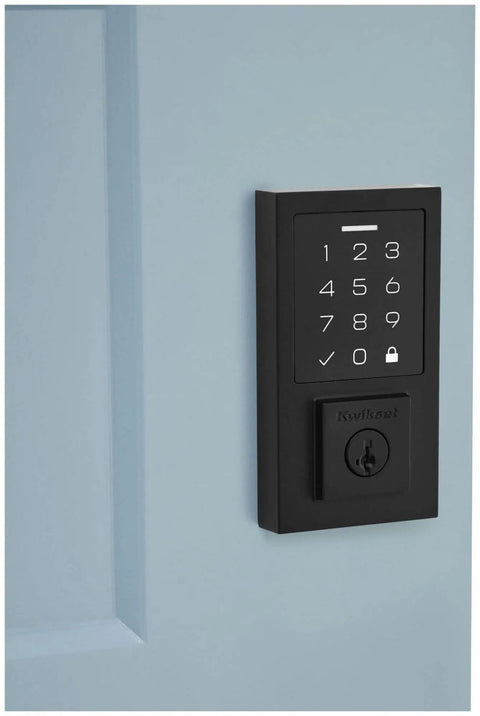 Contemporary SmartCode Touchpad Electronic Deadbolt With SmartKey 9270CNT-514S Matte Black Finish on blue door