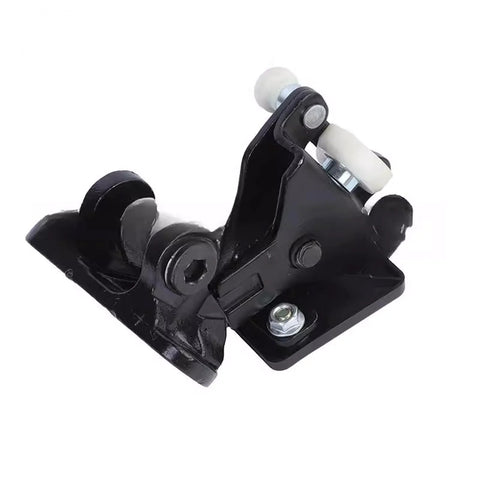 Close-up of black metal truck door hinge roller with white nylon wheels
