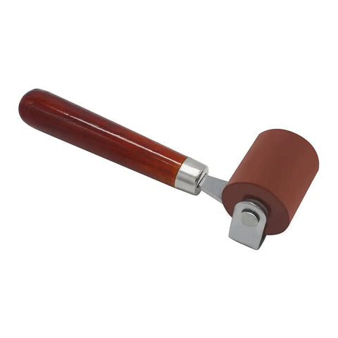 Soft Rubber Brayer Roller With Wooden Handle For Printmaking And Inking Blocks, featuring a smooth ink roller and heavy stainless steel frame.