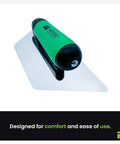 Stainless Steel Plaster Trowel With Trapezoid Blade, 9.4 By 4.7 Inch, showcasing comfortable handle, lying on side view