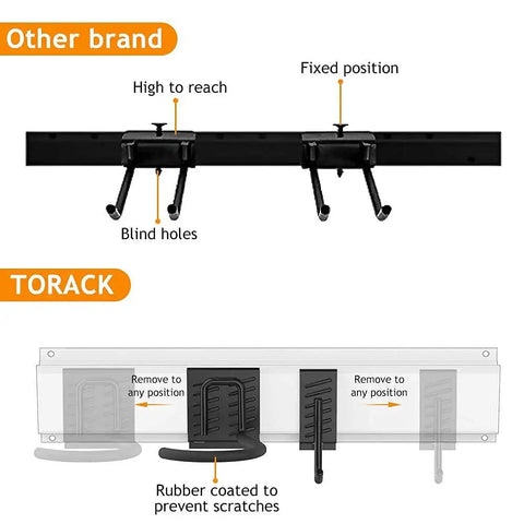 Comparison of Six Bike Storage Rack With Five Hooks showing snap on rail vs fixed position, showcasing easy adjustments and protection.