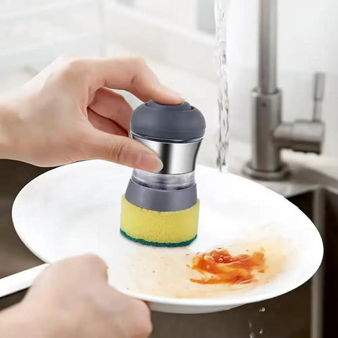 Stainless Steel Dish Scrubber With Built In Soap Dispenser, Palm Brush for cleaning dish with sauce stain in kitchen sink