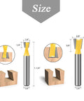 Shop Tested Six Piece Dovetail Router Bit Set Featuring One Quarter Inch Shank And Cutting Widths Spanning A Quarter To Seven Eighths Inches Crafted From Tough Tungsten Carbide For Knocking Out Tight Half Blind Woodworking Joints Dead On And Fast, showing sizes and shapes of the bits.