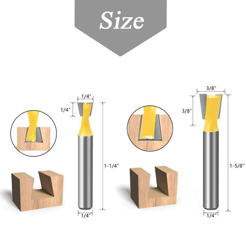Shop Tested Six Piece Dovetail Router Bit Set Featuring One Quarter Inch Shank And Cutting Widths Spanning A Quarter To Seven Eighths Inches Crafted From Tough Tungsten Carbide For Knocking Out Tight Half Blind Woodworking Joints Dead On And Fast, showing sizes and shapes of the bits.
