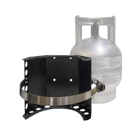 Stainless Steel Propane Bracket For Ten Pound Tanks Marine Grade Black Finish Beefy Build For Rugged Boat Use Fits Worthington Ten Pound Tank Durable Boat Ready Holder on white background