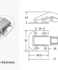Diagram and measurements of 90 Degree Soft Close Cabinet Hinges No Pre Drilled Noiseless Hidden Concealed For Easy Install 2 Pack Three Inch Normal Type Ideal For Kitchen And Bathroom Cabinets.