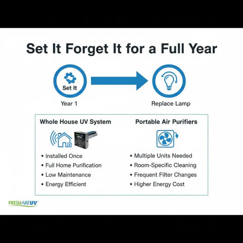 Comparison chart of whole house UV system vs portable air purifiers, showing installation and maintenance differences.