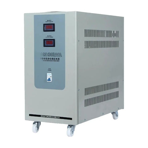 Top Shelf Industrial 220V Single Phase AC Voltage Regulator with digital display, designed for precise voltage stabilization.