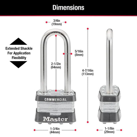 Dimensions of 1KALJ Outdoor Padlock With Key For Gates, Fences, Sheds, Garages And Tool Boxes, laminated steel, silver shackle