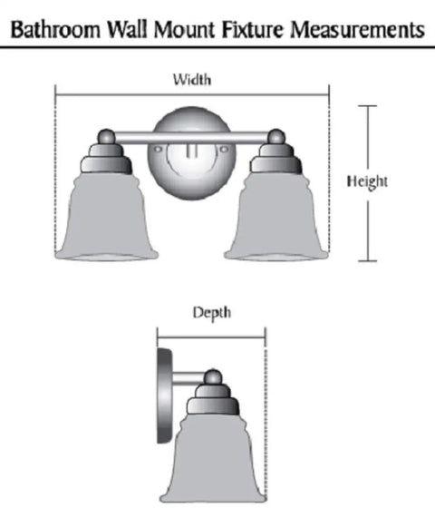 Diagram of Four-Light Metal Bathroom Vanity Wall Light Fixture, 30 Inch Wide Satin Nickel With Opal Glass Shades, front and side view