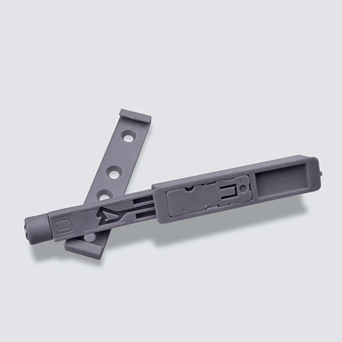 Pro Grade Heavy Duty Stainless Steel Magnetic Push Latch Soft Close Drawer Closer Hands Free Cabinet Hardware Tap It To Pop Open detail view of latch mechanism in gray