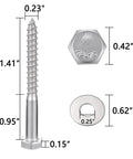 Top Quality 304 Stainless Steel Hex Lag Screws One Quarter Inch By Two Point Five Inches Tough As Nails Rust Resistant Wood Fasteners For Outdoor Decks And Flower Stands Twenty Five Count with measurements and washer shown.