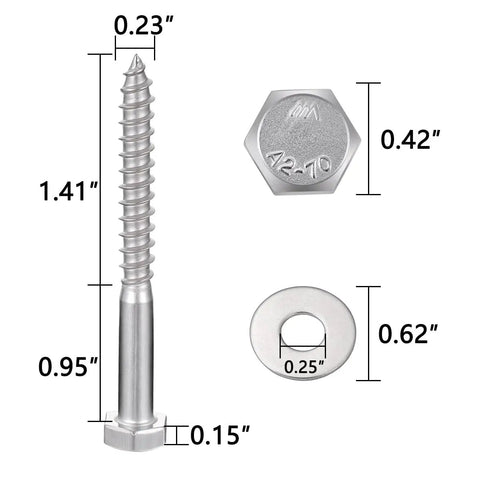 Top Quality 304 Stainless Steel Hex Lag Screws One Quarter Inch By Two Point Five Inches Tough As Nails Rust Resistant Wood Fasteners For Outdoor Decks And Flower Stands Twenty Five Count with measurements and washer shown.